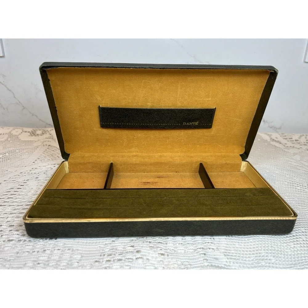 Vintage Dante‎ Men's Valet Jewelry Box Faux Leather Gold Crest Mid-Century